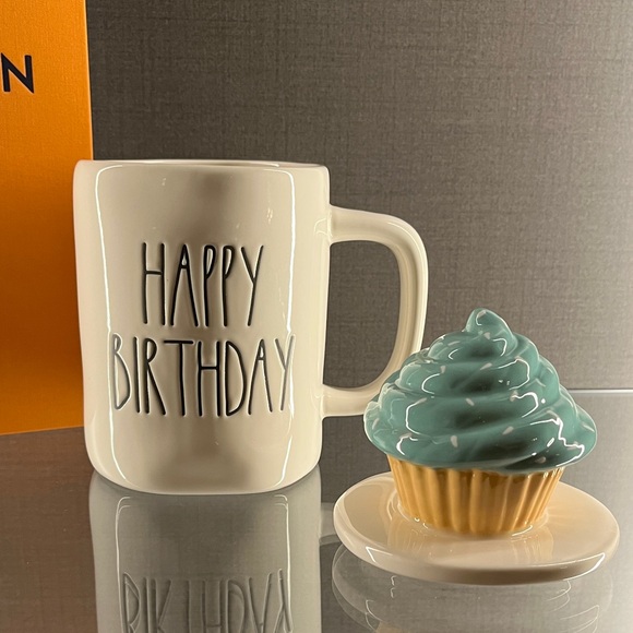 Rae Dunn by Magenta "Happy Birthday" ceramic mug light blue cupcake topper lid. - Picture 6 of 12